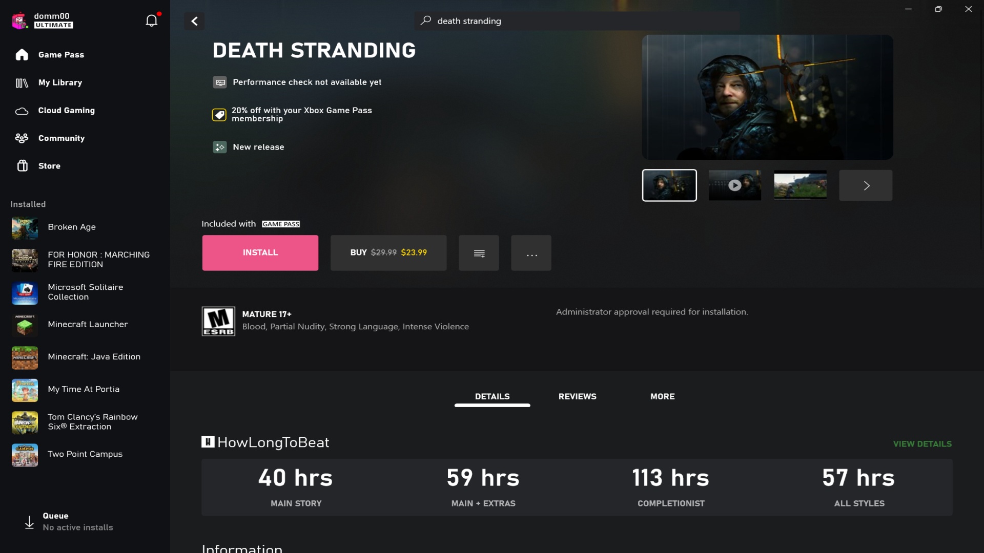 alt="ภาพประมาณเวลาที่ใช้จบเกมในหน้ารายละเอียดของเกม Death Stranding"