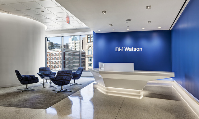 alt="The lobby of the Client Experience Center at the Watson Group headquarters at 51 Astor Place."